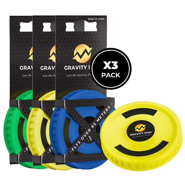 a 3 pack of the world's best selling miniature throwing disc in yellow, blue, and green with high quality packaging from Gravity Disc.
