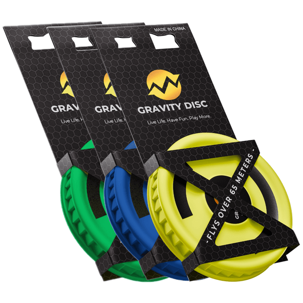 3 pack bundle of Gravity Disc competitive play indoor or outdoor games in yellow, blue, green