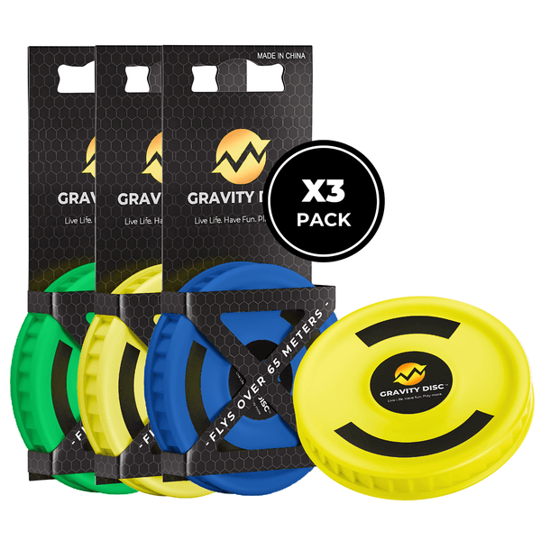 a 3 pack of the world's best selling miniature throwing disc in yellow, blue, and green with high quality packaging from Gravity Disc.