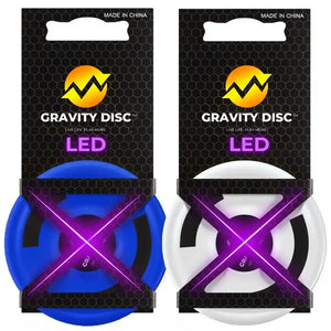 Gravity Disc LED NightFlight glow-in-the-dark mini flying discs in white and blue on a clean white background, high-quality product image for outdoor play, sports toys, and active fun.