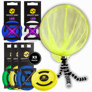 Gravity Disc LED frisbees with packaging and a tripod stand on a white background