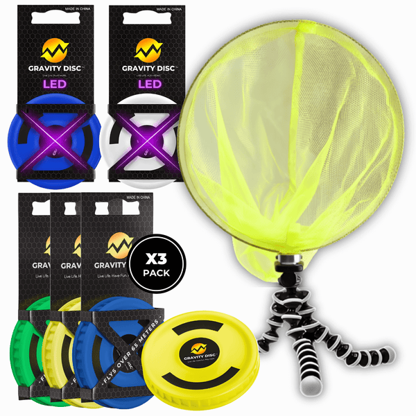 Gravity Disc LED frisbees with packaging and a tripod stand on a white background