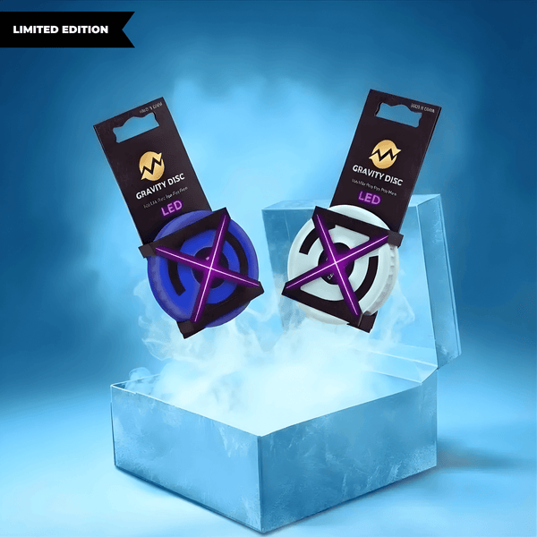 Two Gravity Disc LED products in packaging on a blue background