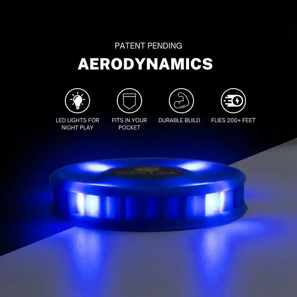 Blue Gravity Disc LED NightFlight mini flying disc glowing in the dark, showcasing product features and benefits with text and icons for outdoor games, nighttime play, and active family fun.